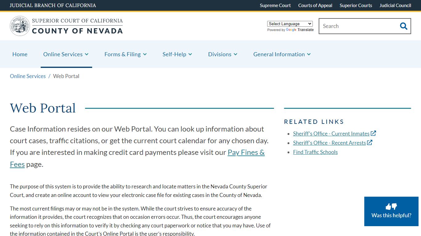 Web Portal | Superior Court of California | County of Nevada