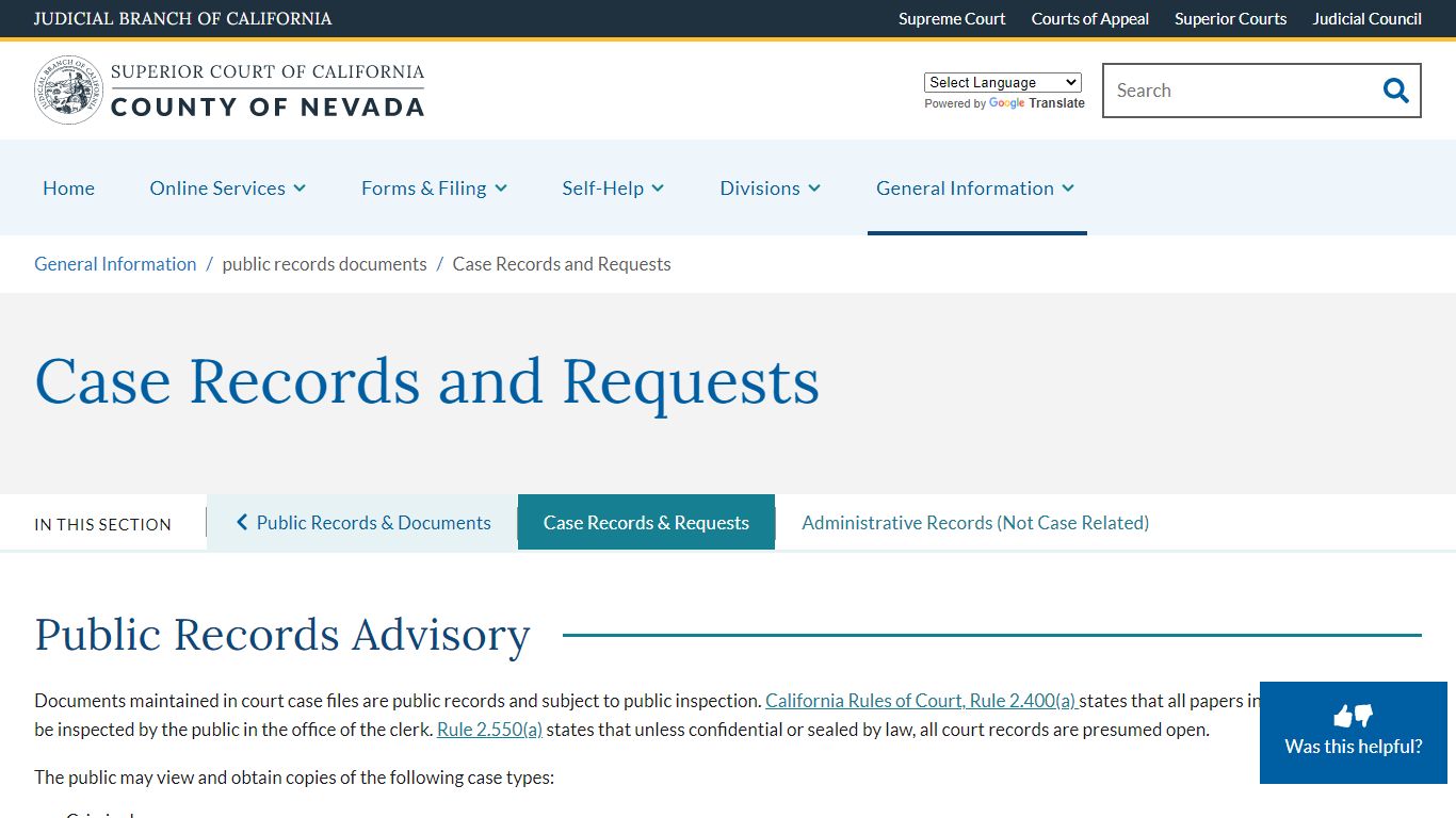 Case Records and Requests | Superior Court of California | County of Nevada